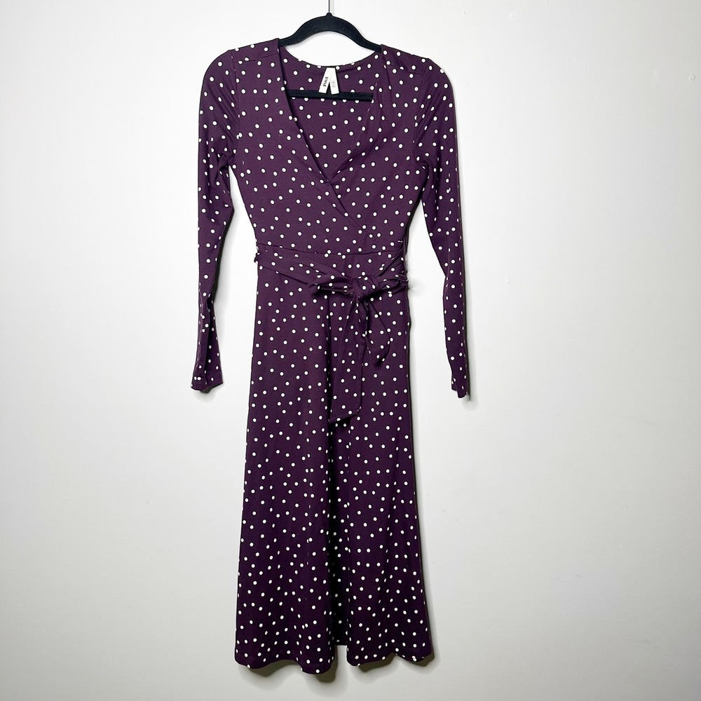 Pact Wrap Dress Womens XS Purple Berry Polka Dot EUC Long Sleeve Midi Pockets